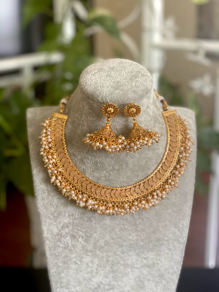 Ethnic Indian choker style light pink necklace set in premium silver  plating with CZ crystals | Pearlings Designer Collection