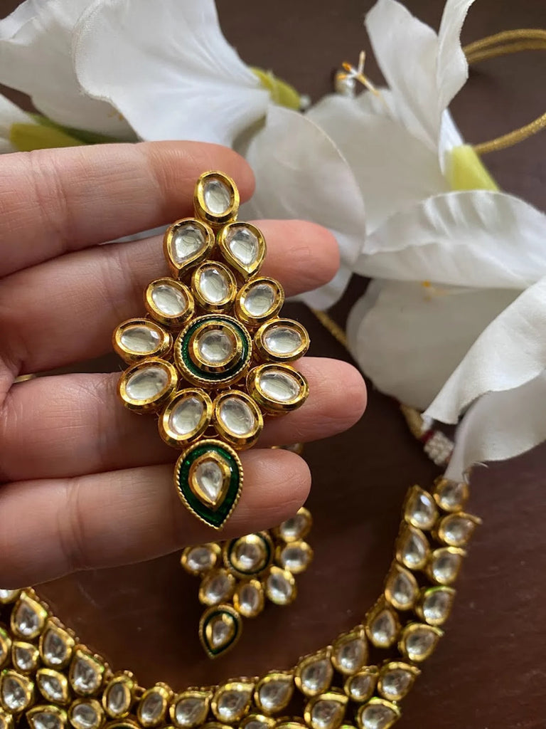 Gold Plated Green Kundan Polki & Pearl Necklace Set Design by Zevar by  Geeta at Pernia's Pop Up Shop 2024