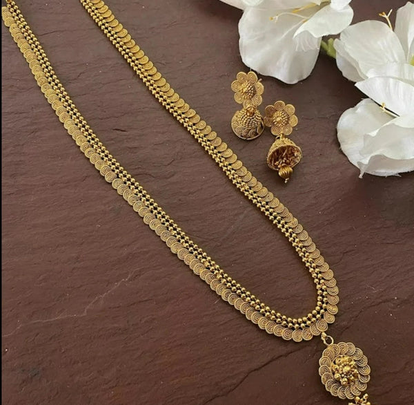 Long Antique Gold Necklace/Indian Jewelry/ Indian Necklace/Temple Necklace/ long Necklace/ Indian Long Necklace Set/ Indian Wedding Jewelry