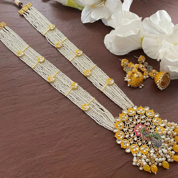 Yellow pearl necklace/ long gold pearl chain/ Indian Jewelry/ Indian Necklace/ Peacock necklace/Beaded chain/Statement Necklace