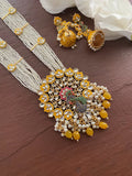 Yellow pearl necklace/ long gold pearl chain/ Indian Jewelry/ Indian Necklace/ Peacock necklace/Beaded chain/Statement Necklace