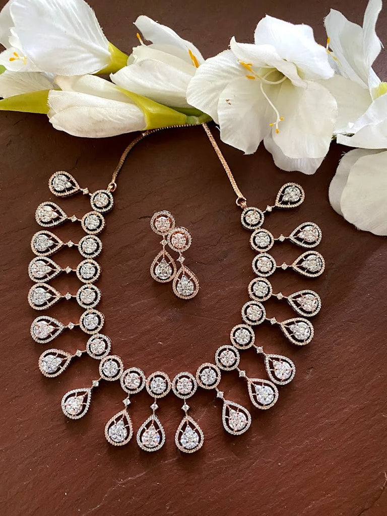Rose gold Cubic Zirconia Bridal necklace and earring set - APRILLE–  Treasures by Agnes