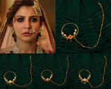 Indian Nose ring/CLIP ON Kundan nosering/Gold Nose ring/Nose ring with chain/Green Nath/ Bollywood Jewelry/NON piercing Bridal nose ring